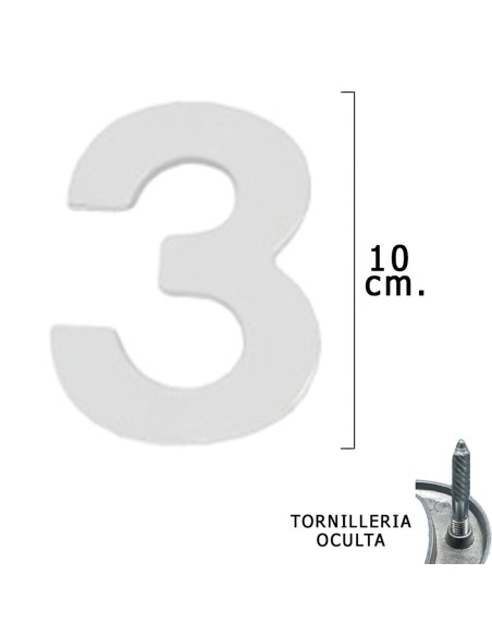 Numero Metal "3" Plateado Mate 10 cm. con Tornilleria Oculta (Blister 1 Pieza)