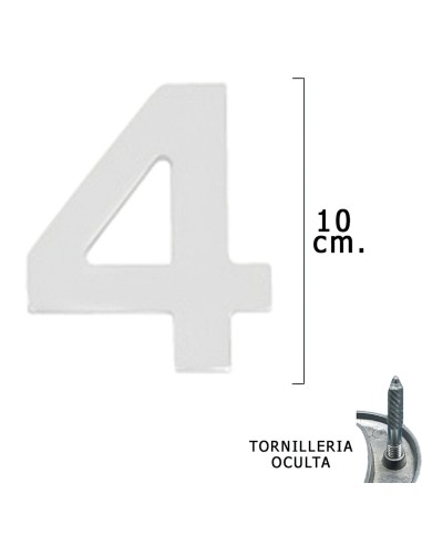 Numero Metal "4 Plateado Mate 10 cm. con Tornilleria Oculta (Blister 1 Pieza)