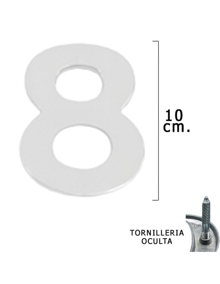 Numero Metal "8" Plateado Mate 10 cm. con Tornilleria Oculta (Blister 1 Pieza)