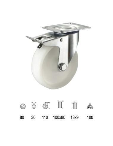 Rueda Industrial Nylon Placa con freno 80mm