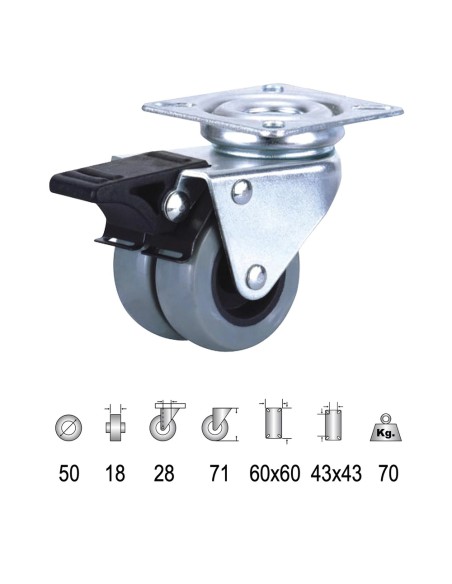 Rueda Doméstica Doble Poliamida Gris Placa con freno 50mm