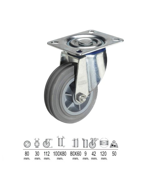 Rueda Industrial Goma Gris Placa 80mm