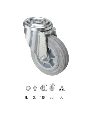 Rueda Industrial Goma Gris Pasante 80mm