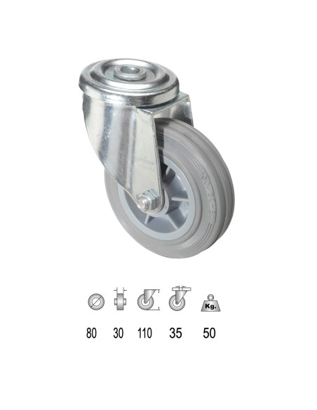 Rueda Industrial Goma Gris Pasante 80mm