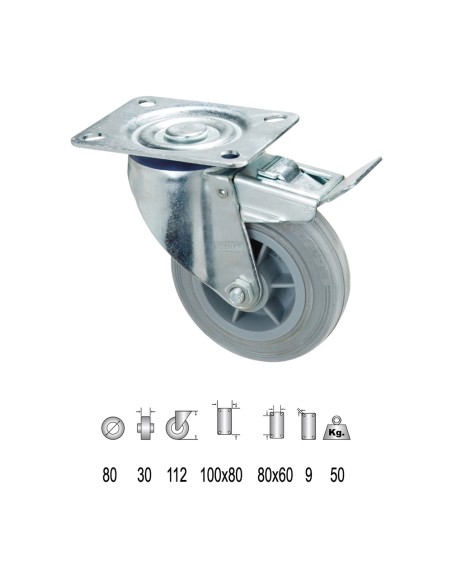 Rueda Industrial Goma Gris Placa con freno 80mm