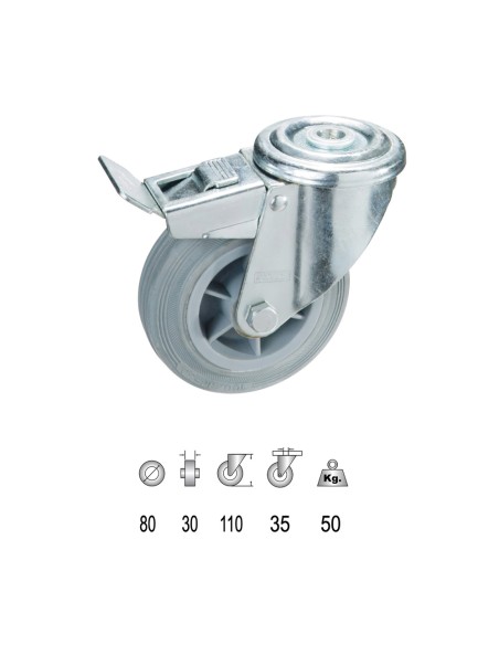 Rueda Industrial Goma Gris Pasante con freno 80mm