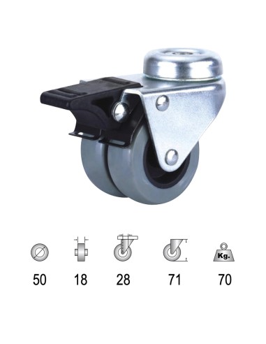 Rueda Industrial Doble Poliamida Gris Pasante con freno 50mm