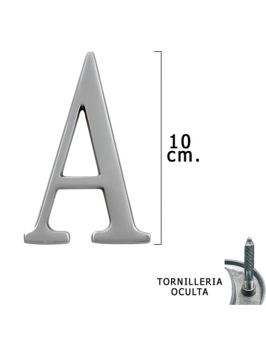 Letra Metal "A" Plateada Mate 10 cm. con Tornilleria Oculta (Blister 1 Pieza)