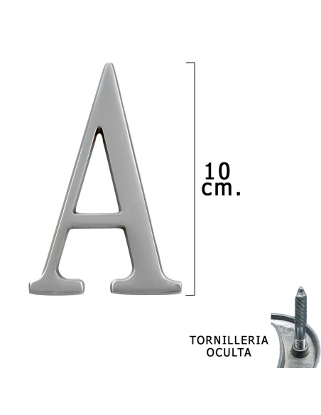 Letra Metal "A" Plateada Mate 10 cm. con Tornilleria Oculta (Blister 1 Pieza)