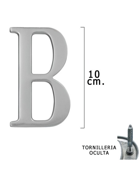 Letra Metal "B" Plateada Mate 10 cm. con Tornilleria Oculta (Blister 1 Pieza)