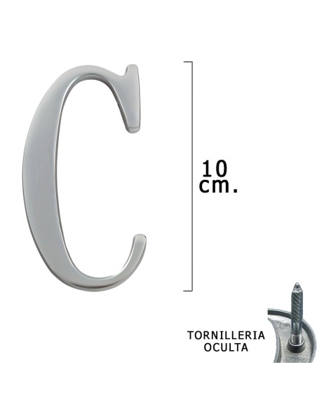 Letra Metal "C" Plateada Mate 10 cm. con Tornilleria Oculta (Blister 1 Pieza)