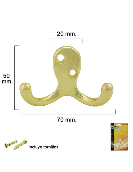 Gancho Doble Latonado Para Atornillar con tornillos incluidos.