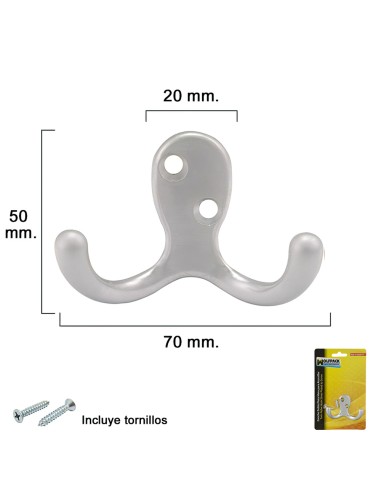 Gancho Doble Plata Mate Para Atornillar con tornillos incluidos.