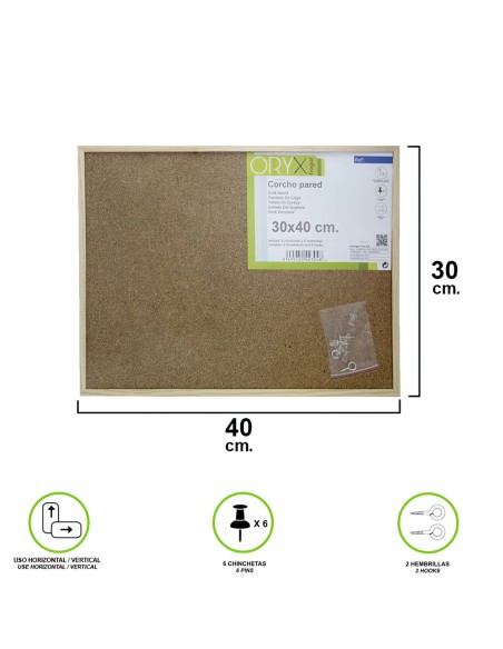 Corcho Pared 30x40 cm. Marco Madera Con 6 Chinchetas
