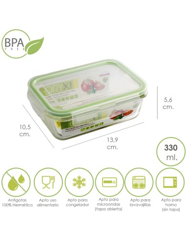 Recipiente Hermetico Cristal Rectangular 330 ml. 13.9 x 10.5 x 5.6 (alt) cm.