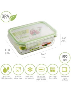 Recipiente Hermetico Cristal Rectangular 550 ml. 16.7 x 11.8 x 6.2 (alt) cm.