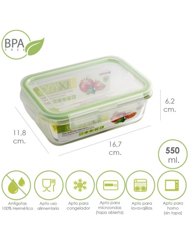 Recipiente Hermetico Cristal Rectangular 550 ml. 16.7 x 11.8 x 6.2 (alt) cm.