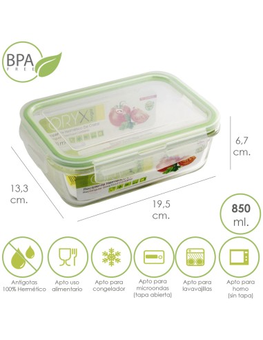 Recipiente Hermetico Cristal Rectangular 850 ml. 19.5 x 13.3 x 6.7 (alt) cm.