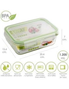 Recipiente Hermetico Cristal Rectangular 1200 ml. 20.4 x 15.4 x 7 (alt) cm.