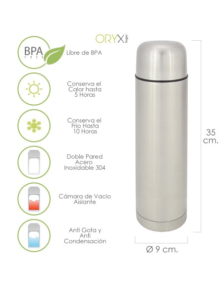 Termo Liquidos, Capacidad 1 Litro, Libre BPA, Acero Inoxidable, Antigoteo