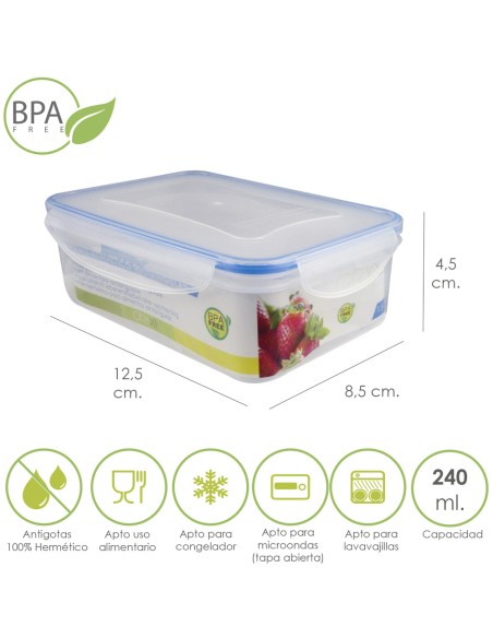 Recipiente Hermetico Plastico Rectangular 240 ml. 12.5x8.5x4.5 (Alt.) cm.
