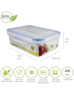 Recipiente Hermetico Plastico Rectangular 500 ml. 15.5x10.5x5.5 (Alt.) cm.