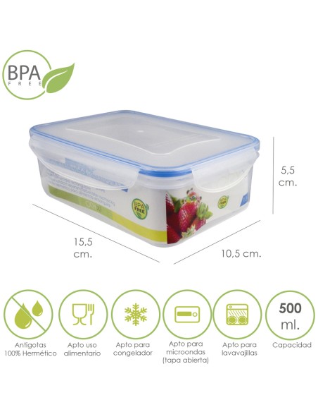 Recipiente Hermetico Plastico Rectangular 500 ml. 15.5x10.5x5.5 (Alt.) cm.
