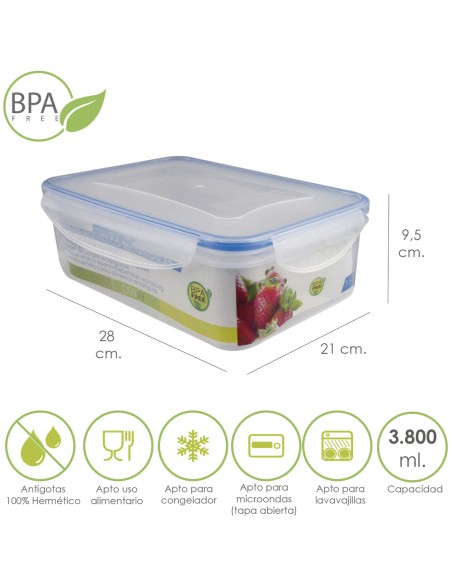 Recipiente Hermetico Plastico Rectangular 3.800 ml. 28x21x9.5 (Alt.) cm.