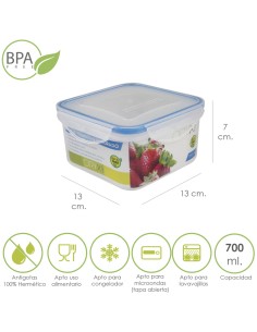 Recipiente Hermetico Plastico Cuadrado 700 ml. 13x13x7 (Alt.) cm.