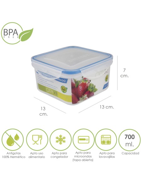 Recipiente Hermetico Plastico Cuadrado 700 ml. 13x13x7 (Alt.) cm.