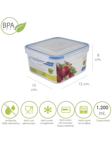 Recipiente Hermetico Plastico Cuadrado 1200 ml. 15x15x8 (Alt.) cm.