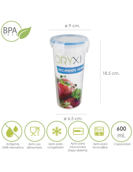 Vaso Recipiente Hermetico Medidor Plastico Redondo 600 ml. Ø 9x18.5 (Alt.) cm.