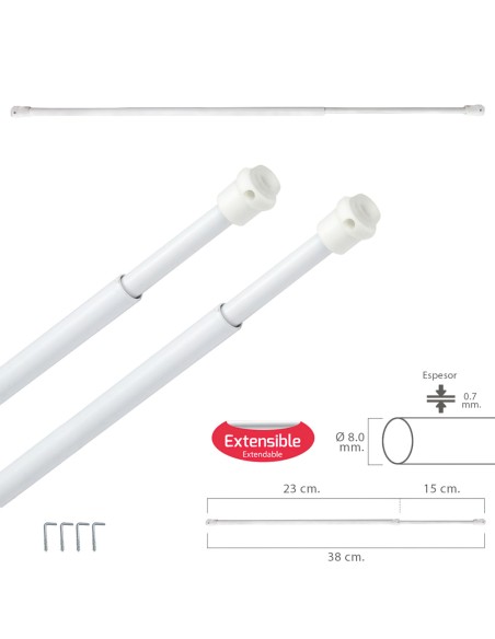 Barra Visillo Extensible 23/38 cm. con Muelle Presion, Soportes y Ventosas (2 Piezas)