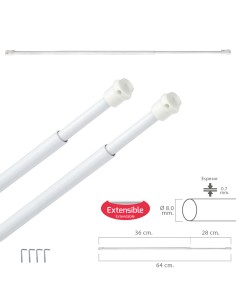 Barra Visillo Extensible 36/64 cm. con Muelle Presion, Soportes y Ventosas (2 Piezas)