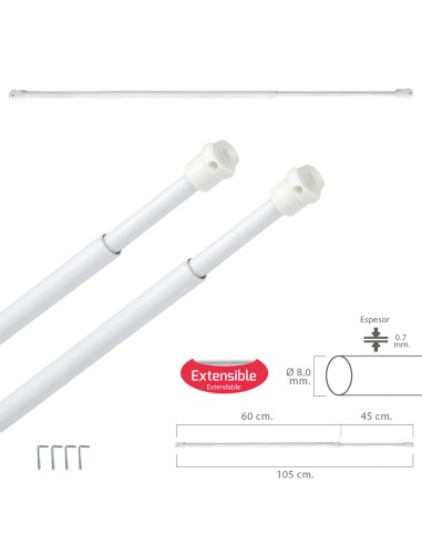 Barra Visillo Extensible 60/105 cm. con Muelle Presion, Soportes y Ventosas (2 Piezas)