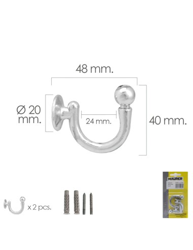 Gancho Cromado Atornillabe 48 mm. Con tacos y tornillos (Blister 2 piezas)