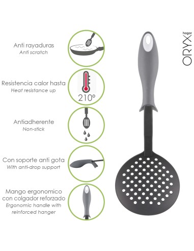 Espumadera Cocina Nylon Con Mango Antigotas Engomado 35 x 11,7 cm.