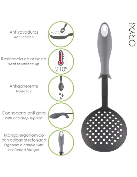 Espumadera Cocina Nylon Con Mango Antigotas Engomado 35 x 11,7 cm.