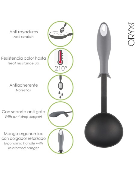 Cucharon Servir Cocina Nylon Con Mango Antigotas Engomado 32 x 9,8 cm.