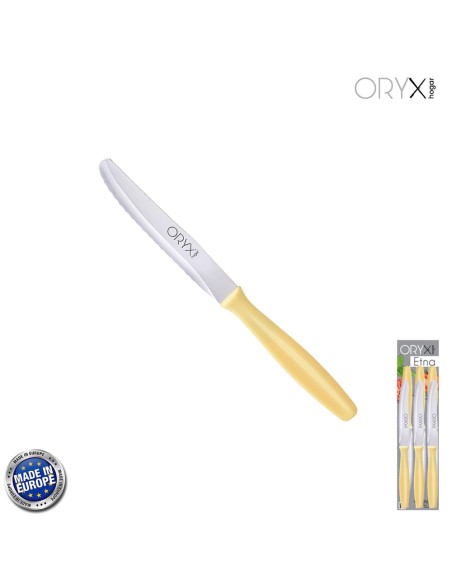 Cuchillo Mesa Etna Hoja Sierra Acero Inoxidable 10 cm. Amarillo (Blister 6 piezas)