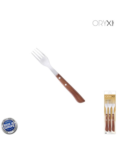 Tenedor Montana Chuletero Acero Inoxidable 9 cm. Mango Madera (Blister 3 Piezas)