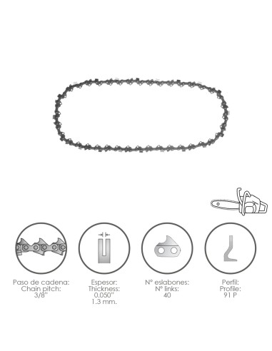 Cadena Motosierra 3/8" / 0.050" 1,3 mm. / 40 Eslabones / 91 P