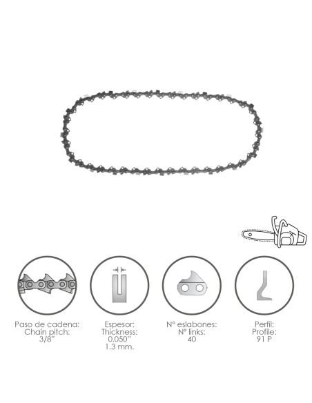 Cadena Motosierra 3/8" / 0.050" 1,3 mm. / 40 Eslabones / 91 P