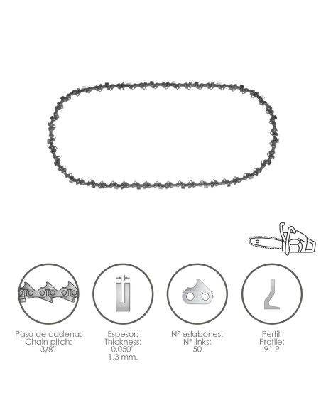 Cadena Motosierra 3/8" / 0.050" 1,3 mm. / 50 Eslabones / 91 P