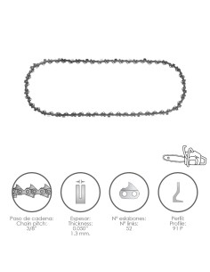 Cadena Motosierra 3/8" / 0.050" 1,3 mm. / 52 Eslabones / 91 P