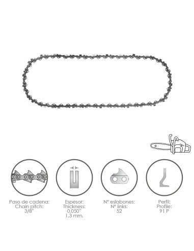Cadena Motosierra 3/8" / 0.050" 1,3 mm. / 52 Eslabones / 91 P