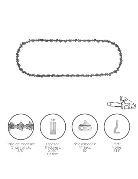 Cadena Motosierra 3/8" / 0.050" 1,3 mm. / 52 Eslabones / 91 P