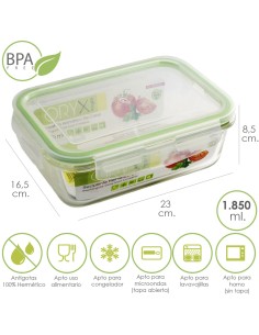 Recipiente Hermetico Cristal Rectangular 1850 ml. 23 x 16.5 x 8.5 (alt) cm.