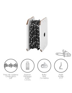 Cadena Motosierra 3/8" / 0.050" 1,3 mm. / 91 P / Rollo 7,6 metros.