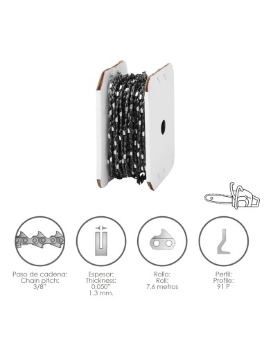 Cadena Motosierra 3/8" / 0.050" 1,3 mm. / 91 P / Rollo 7,6 metros.